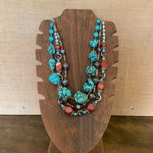 VINTAGE MULTY STRAND CHUNKY TURQUOISE BEADED NECKLACE